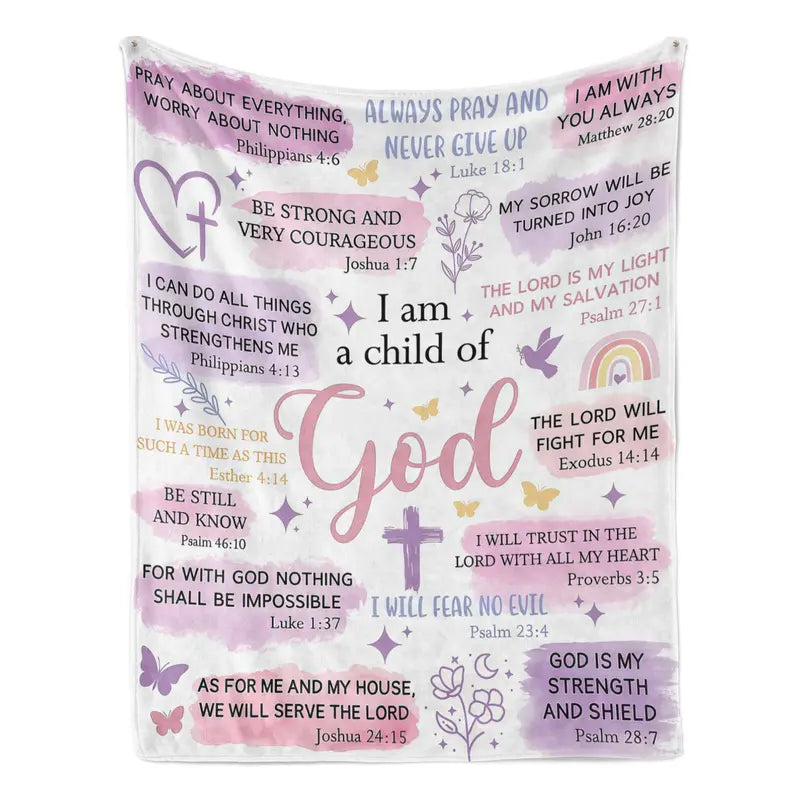 Durable Printed Flannel Blanket (60x80 in) - Faith-Based "I Am A Child Of God" Bible Quote Collage, Pastel Watercolor Religious Print, Plush Fabric, Blankets for Sofa, Girl Room Decor, Cute Girly Back to School Gift