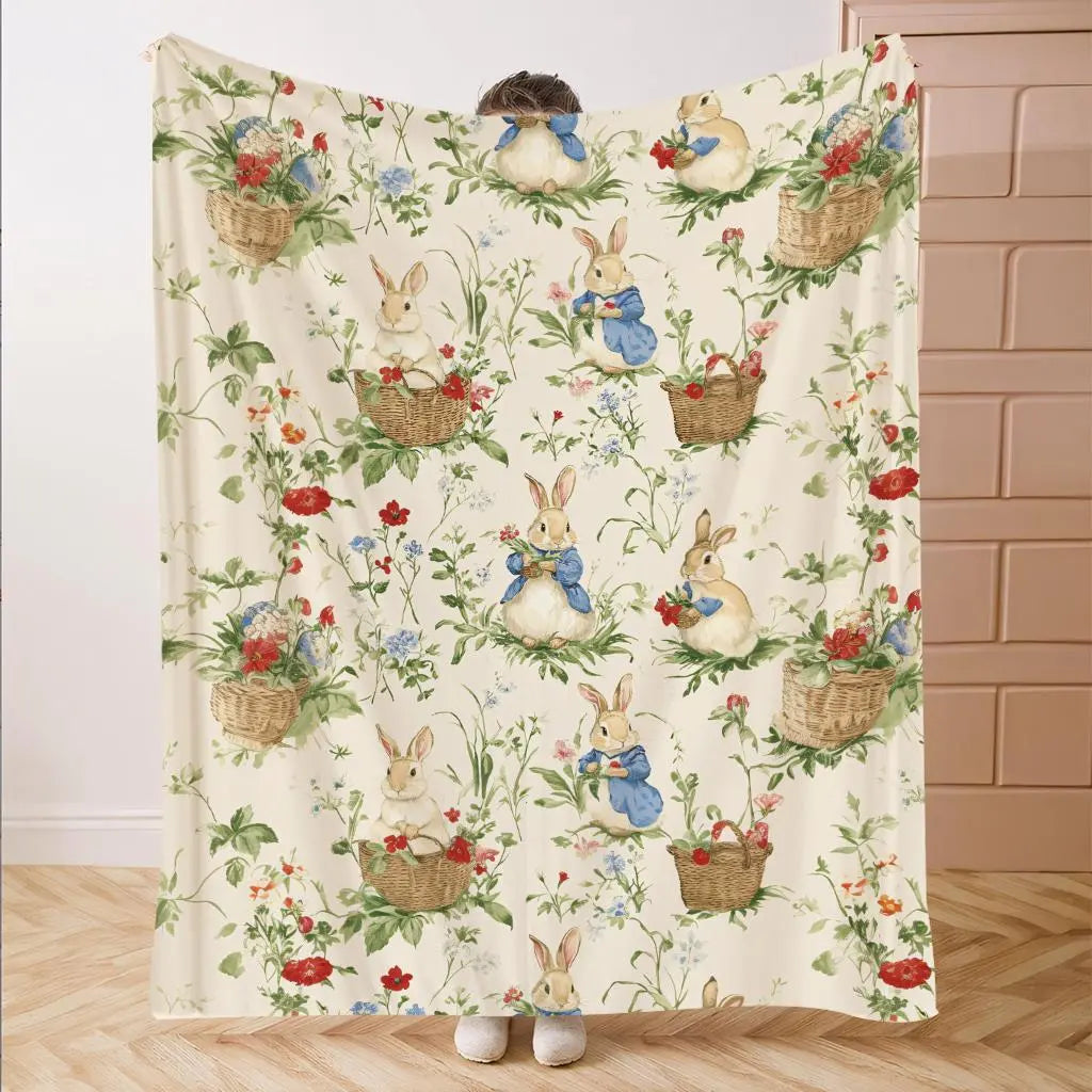 Rabbit Pattern Flannel Blanket, Soft Comfortable Throw Blanket, Warm Napping Blanket, Soft Comfy Blanket for Home Office Travel Camping