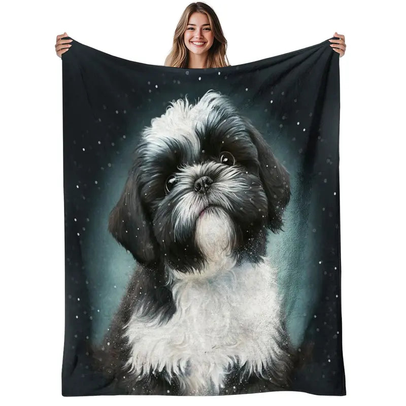 1Pc Shih Tzu Dog Blanket - Soft Warm Flannel Bedspread With Watercolor Shih Tzu Print, Cozy - Couch Bed Cover For Sofa & Living Room, Christmas Fall Decorations Suitable For Bed, 280GSM Machine Washable Shih Tzu Themed Bedding