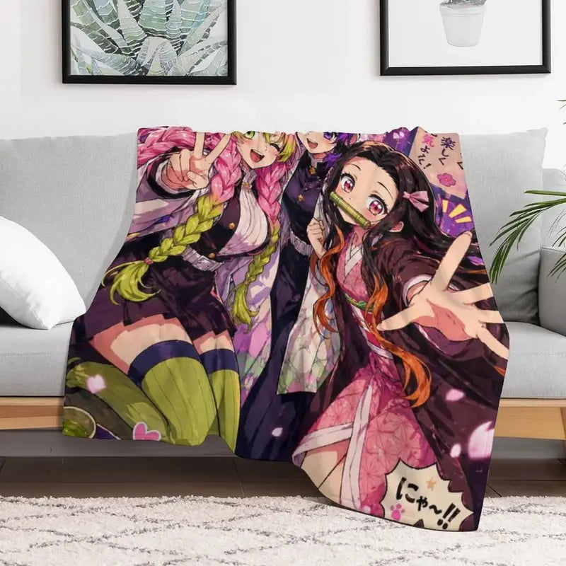 Demon Slayer Nezuko Shinobu Mitsuri Cute Anime Graphic Flannel Throw - Wrinkle Resistant Bed Sofa Cartoon Print Blanket for Child Anime Action Figure Fans Bedroom Gift