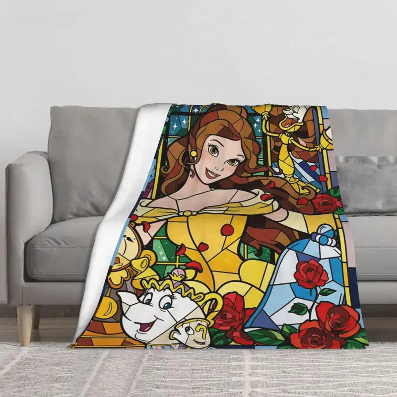 Disney 2026 New Classic Belle Stained Glass Comfortable Fleece Throw Blanket, Elegant Princess Graphic Blanket for Bed, Couch, Holiday Gift,comfrt