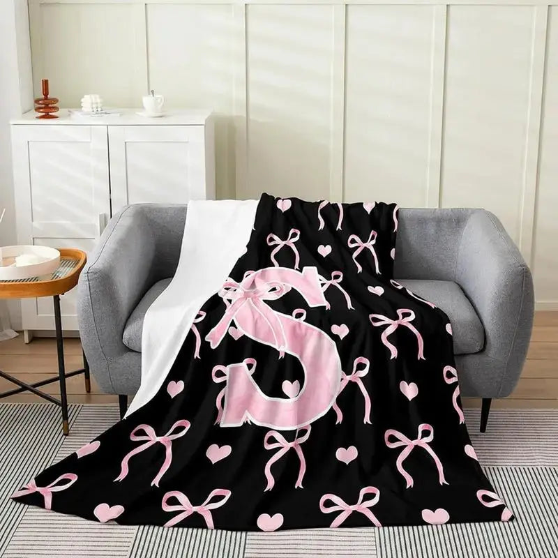 Classic Soft Flannel Throw Blanket - A-Z Initial Alphabet Print, 30x40 to 60x80 in, Black Blush Pink Design, Custom Monogrammed, Soft Texture, Durable All-Season Bedding for Bedroom, Gifts for Women, GF Gift