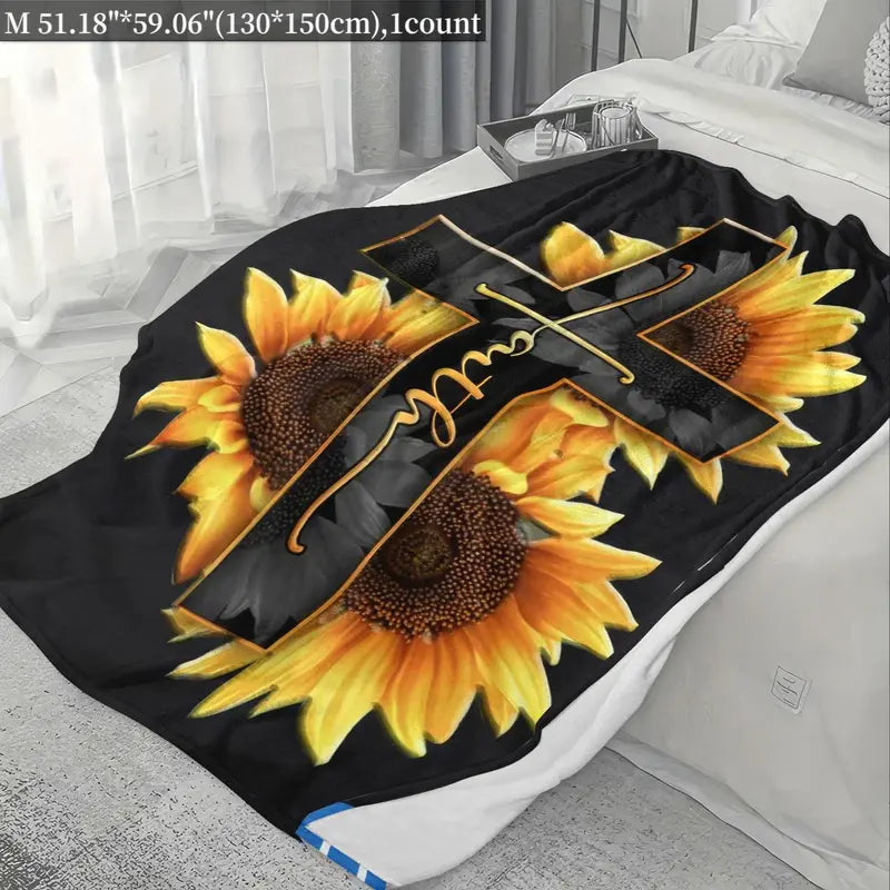 Sunflower Cross Throw Blanket, Faith Flannel Blanket for Couch Sofa Bed, Christian Home Decor, Cozy Gift for Family