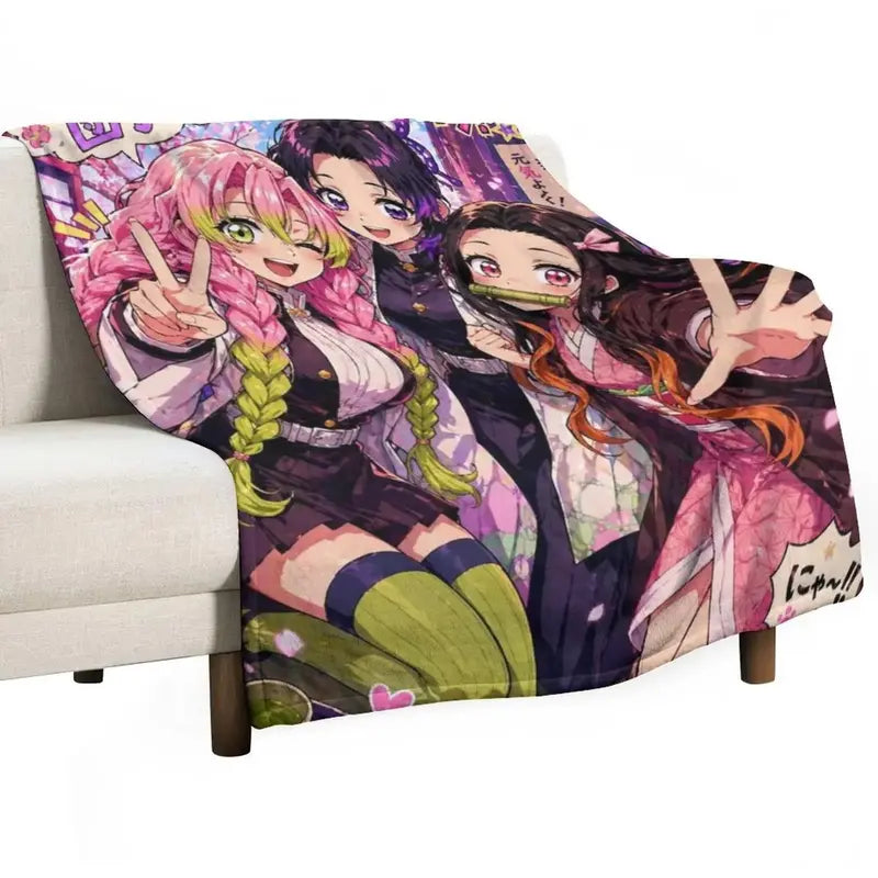 Demon Slayer Nezuko Shinobu Mitsuri Cute Anime Graphic Flannel Throw - Wrinkle Resistant Bed Sofa Cartoon Print Blanket for Child Anime Action Figure Fans Bedroom Gift