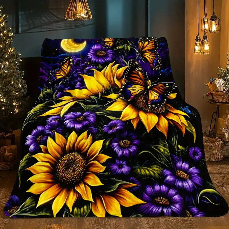 Digital Printed Sunflower Nature Art Graphic Throw Blanket - 100% Polyester, Traditional Style, Wrinkle Resistant, Flannel Finish, AC-Room Breathable, Multi-Size, Lightweight Drape, Soft, Warm, All-Season Aesthetic Throw Blankets for Bedrooms, Sofas