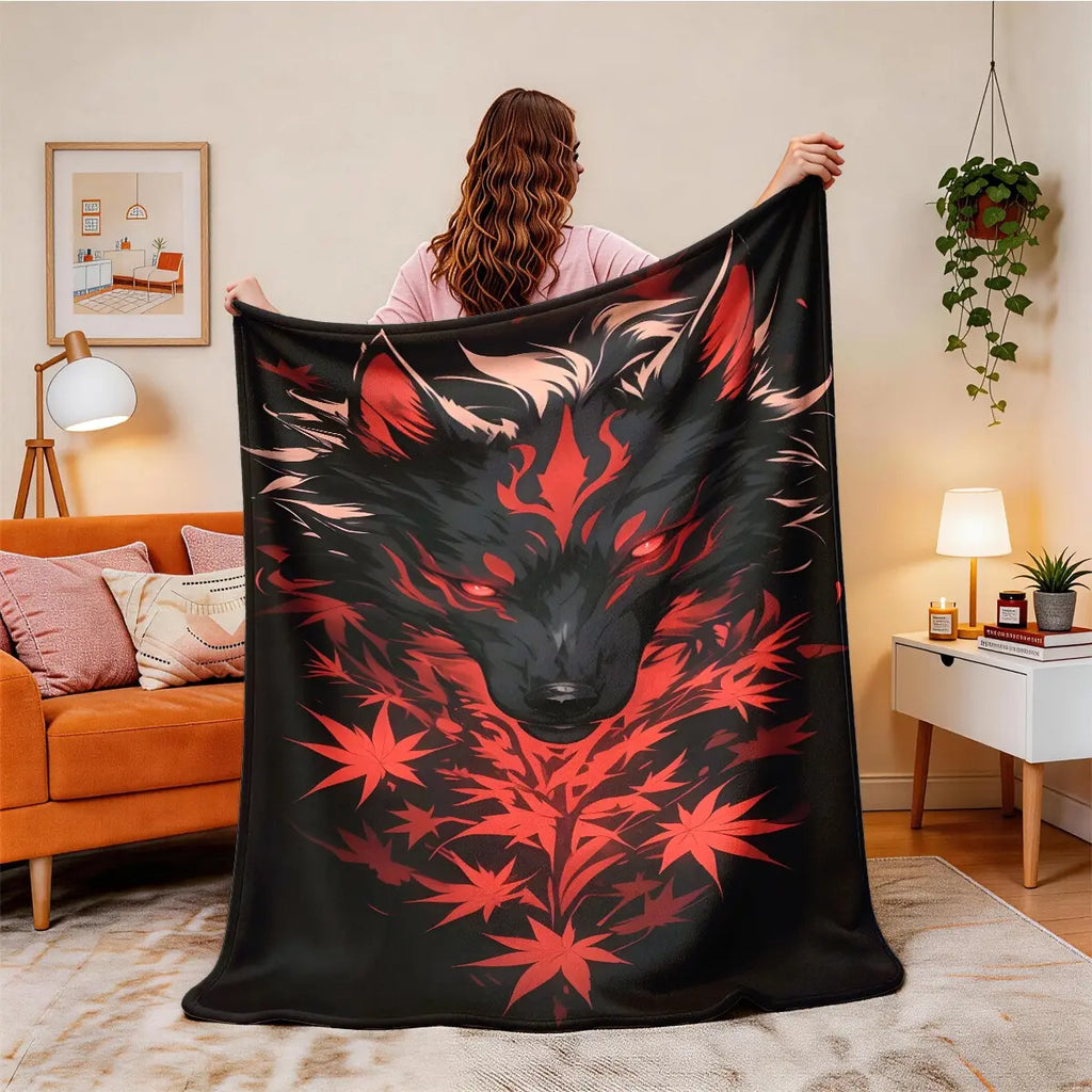 Maple Leaf Wolf Theme Flannel Blanket, Soft Throw Blanket, Decorative Blanket, Large Size, Soft and Lightweight, Perfect for All Seasons, Ideal Gift for Family, Cozy Throw Blankets