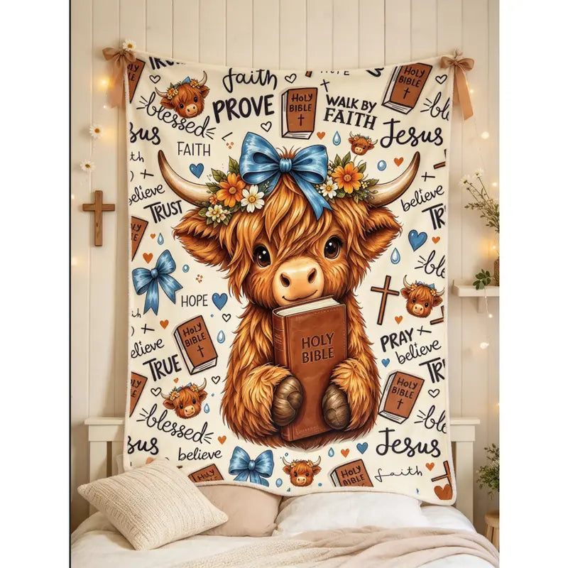 Cute Highland Cow Christian Fleece Throw Blanket (60x80 in), Holy Bible Walk By Faith Religious Decor, Cozy Lightweight Plush Blanket for Bedroom, Inspirational Gift for Farm-Lovers