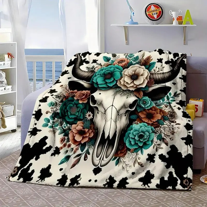 Western Bull Skull Floral Flannel Cow Print Throw Blanket - Soft Cozy Polyester, Blanket for Couch, Home Decor Accent, Living Room & Cabin Decor Addition