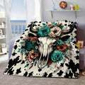 Western Bull Skull Floral Flannel Cow Print Throw Blanket - Soft Cozy Polyester, Blanket for Couch, Home Decor Accent, Living Room & Cabin Decor Addition