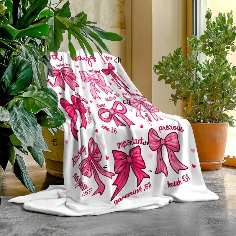 Bowknot Design Religious Fleece Blanket - Bible Verse Print "God Says I Am", All Seasons, Blush Pink Bow, Etiquette Style, Versatile Use Christian Gift for Girls, Home Sofa Bedroom Decor
