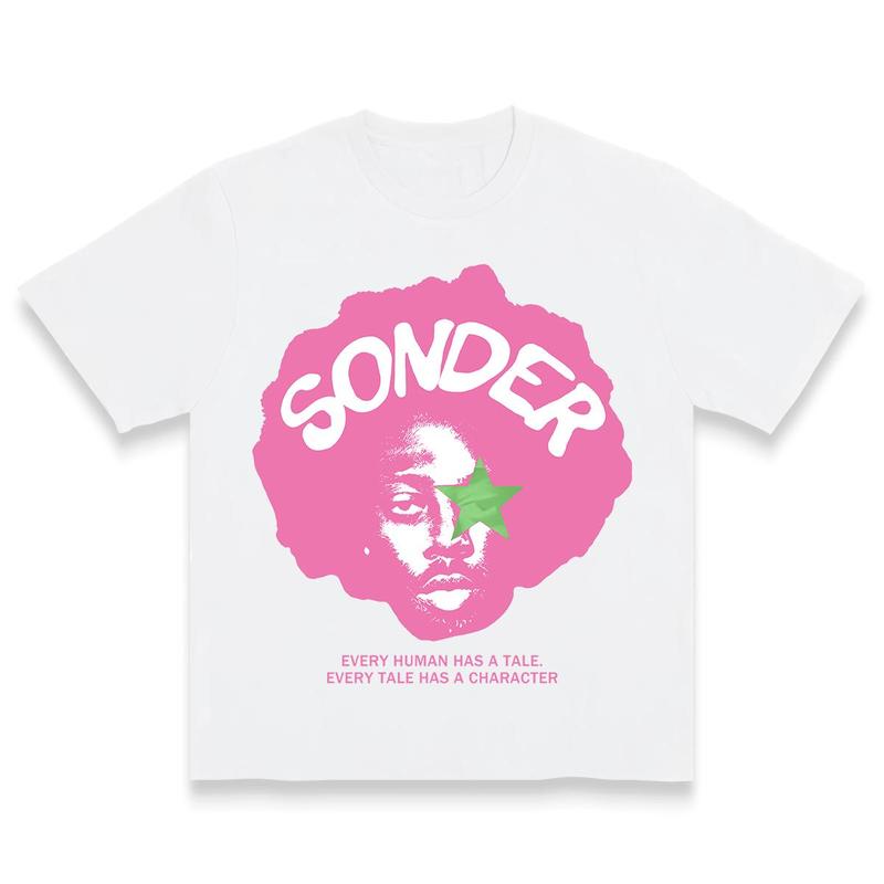Bold Pink "Sonder" Lettering & Geometric Print Rap Shirt Casual Crewneck Streetwear Made In USA For Women For Men [180G/230G 100% cotton short-sleeve/hoodie, soft and comfortable],tshirt,music