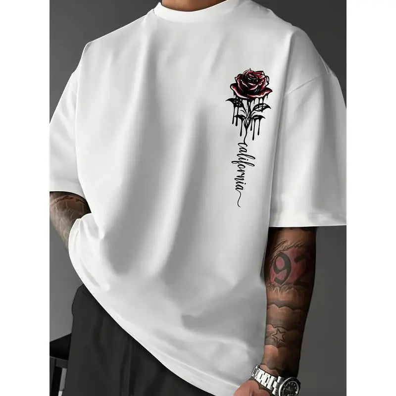 Men's Rose Print Cotton Blend Crew Neck Casual Short-Sleeve T-Shirt - Quick-Drying Loose-Fit Menswear Summer Casual T-Shirts, Everyday Basics, Machine Washable