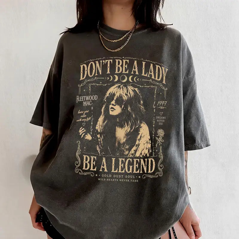 Women's Cotton Knit Crew Neck Graphic Print Boho Witchy Rock Band Biker Tee - Vintage 'Be A Legend' Heart Design, Casual Top for New Year, Party, Evening Wear, All Seasons