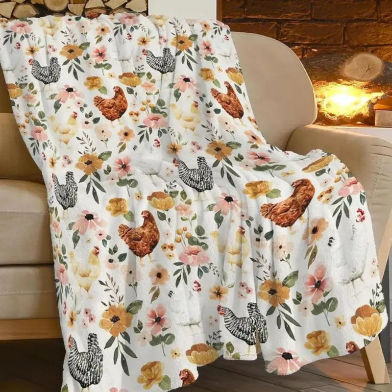 Soft Comfortable Funny Floral Chicken Flannel Throw Blanket,Farmhouse Hen Rooster Print Cozy Lightweight Blanket Rustic Country Farm Animal Couch Bed Sofa Decor,Christmas Holiday Gift for Chicken Lovers Women Girls