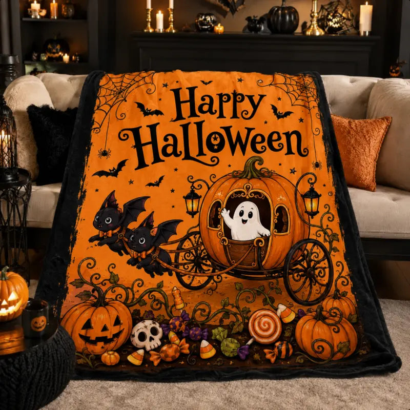 Halloween Print Flannel Decorative Throw Blanket - 60''x80'' Large 100% Polyester, Cute Pumpkin Carriage & Bat Design, Spooky Home Decor Blanket for Kids Gift, Soft Bedding for Bed Couch, Throw Blankets For Bed, Soft Bedding Throw