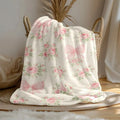 1pc 280GSM Large Flannel Throw Blanket - Pink Rose, Pink Bow, Green Leaf Art Print, Adorable Afghan Style Fluffy Blanket - Warm Bedding, Sofa Textile Throw, Throw Blankets, Fluffy Blankets