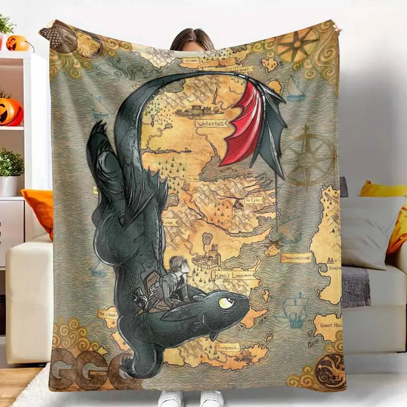 Fantasy Dragon Rider Flannel Throw Blanket - 6 Size Options, 60x80 in Covers XL Beds, Anti-Pilling Flannel Fabric, HD Vintage Map Print, Fade-Safe Dye, Soft Warm Lightweight, Indoor/Outdoor Home Decor, Bedroom Use or Travel Gift
