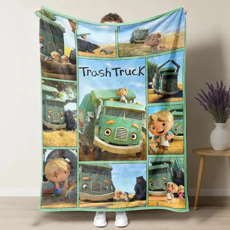 Adorable Animated 'Trash Truck' Flannel Blanket - 1 Piece, Soft Skin-Friendly Polyester, Cozy Aesthetic, Snug as a Bug in a Rug, Indoor Use, Cozy Warmth for Cold Nights, Ideal for Sofas & Beds, All-Season Bedding Gift, One Piece, Flannel Fabric