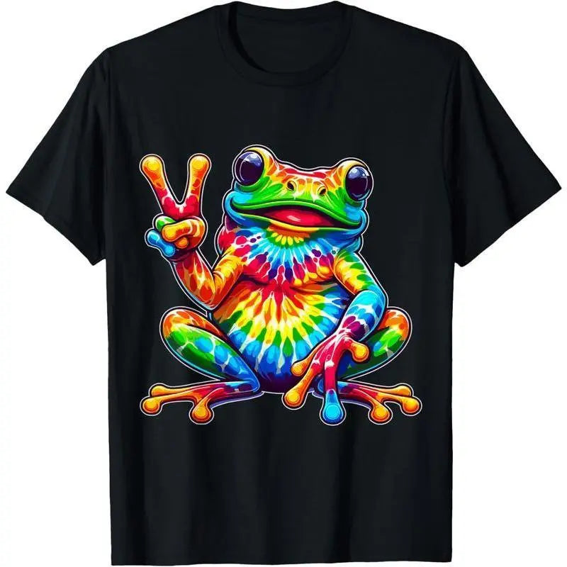 Men's 100% Pure Cotton Shortsleeve Graphic T-Shirt - Vintage Whimsical Frog Peace Sign Hippie Design, Casual, Machine Wash, Year-Round Wear, Menswear Top (Vintage Frog Print Men's Shortsleeve T-Shirts)