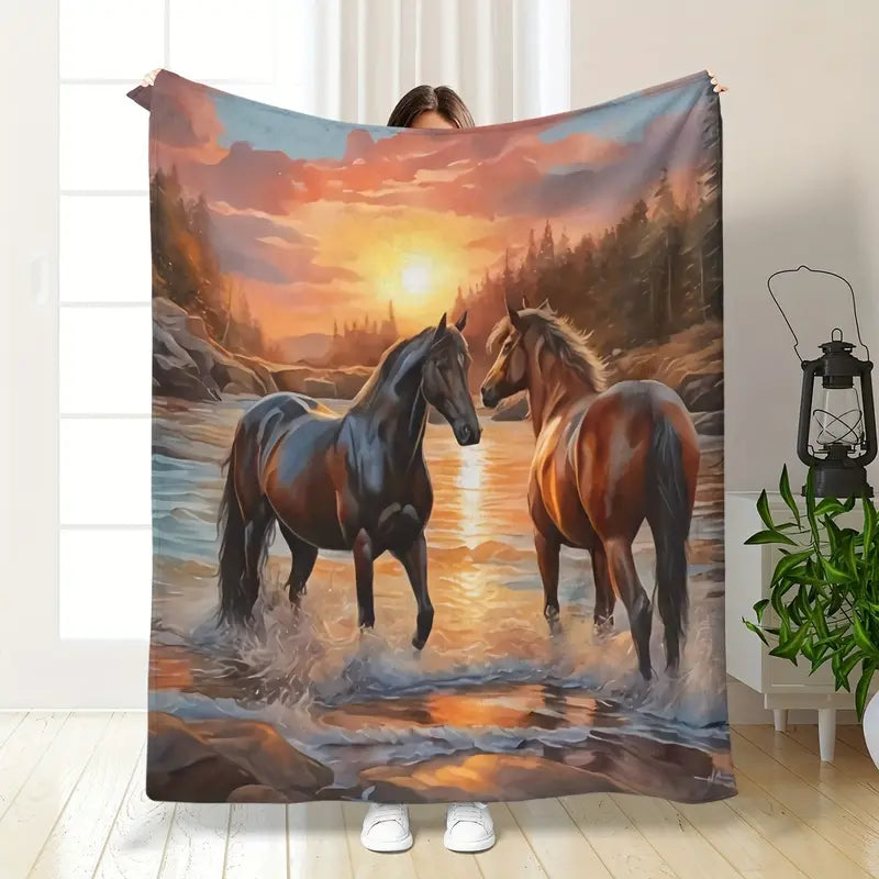 Modern Soft Touch Flannel Throw Blanket - Horse Print, Hypoallergenic Polyester, Warm Flannel Blankets for Sofa, Bed, Cozy Rest, Ideal Home Bedding Gift