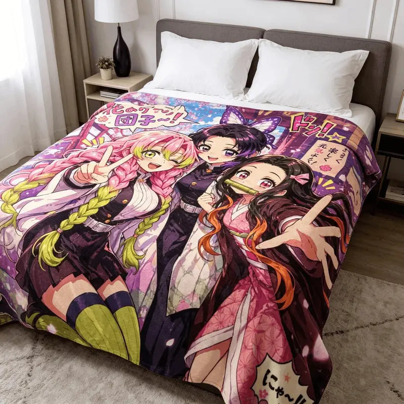 Demon Slayer Nezuko Shinobu Mitsuri Cute Anime Graphic Flannel Throw - Wrinkle Resistant Bed Sofa Cartoon Print Blanket for Child Anime Action Figure Fans Bedroom Gift