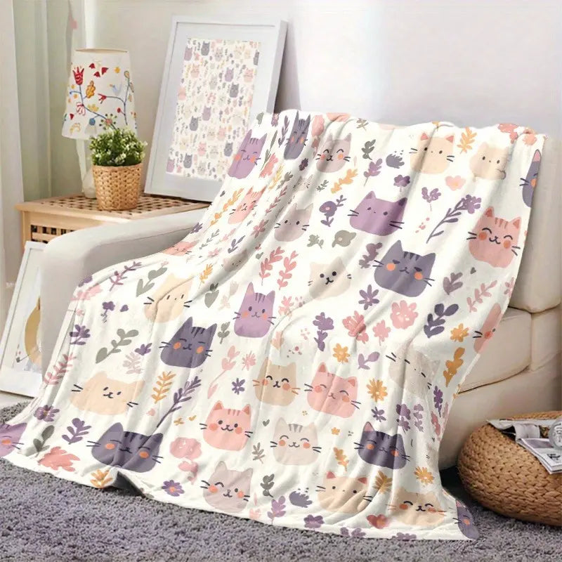 Bohemian Kitten Themed Durable Flannel Throw Blanket - Cute Floral Print, Soft Cozy Fuzzy Fabric, 30*40 Inch, Multi-Size Option, Blankets for Bed, Cute Animal Aesthetic, Ideal for Bedroom Sofa, Gift for Cat Owners