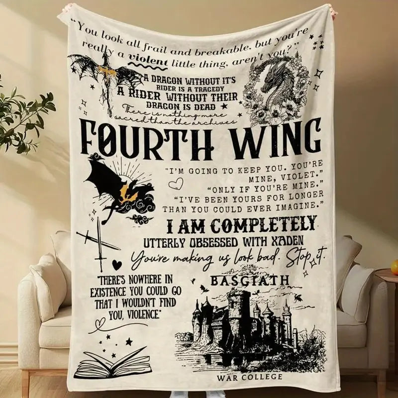 Fourth Wing Dragon Rider Character-Themed Soft Comfy Flannel Throw Blanket - Non-Reversible, All-Season Polyester, Machine Washable, Inspirational Quotes, Dragon Rider Art, 30x40 Inch/50x60 Inch, Travel-Ready, Living Room Home Decor, Soft Comfy Blanket