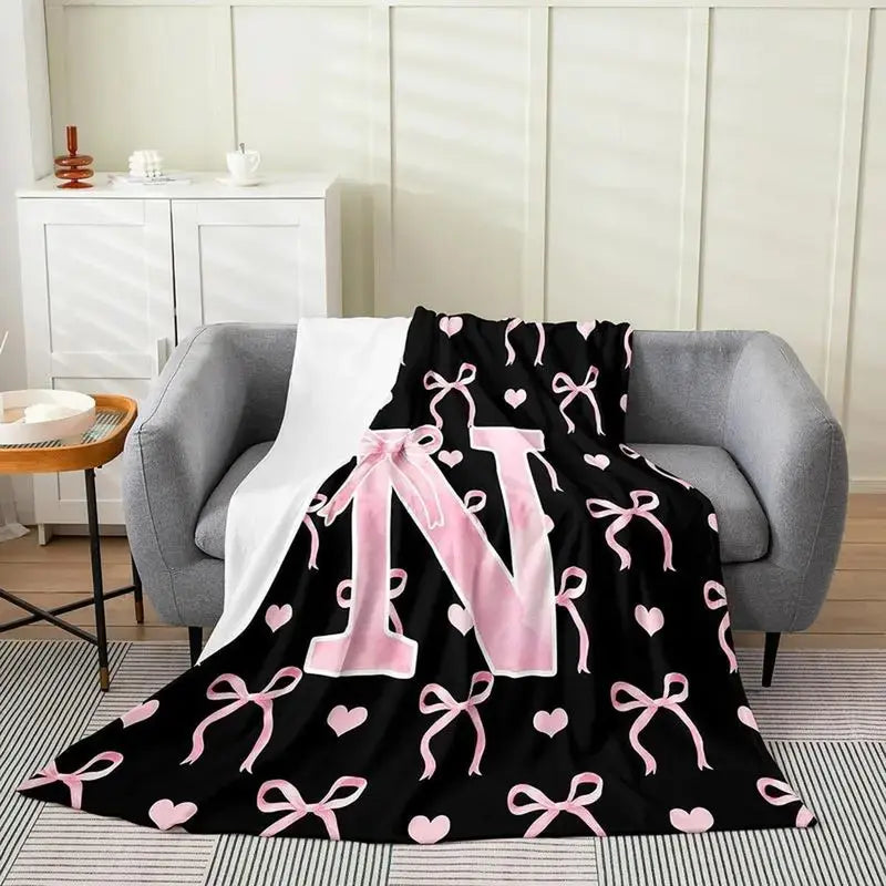 Classic Soft Flannel Throw Blanket - A-Z Initial Alphabet Print, 30x40 to 60x80 in, Black Blush Pink Design, Custom Monogrammed, Soft Texture, Durable All-Season Bedding for Bedroom, Gifts for Women, GF Gift