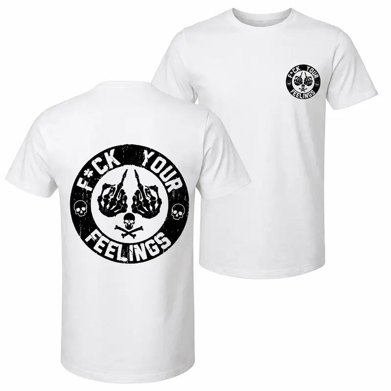 Men's Short-Sleeve Round Neck Cotton Fabric Skull Graphic T-Shirt - Bold "F*ck Your Feelings" Statement Limited Edition Menswear Streetwear Casual Angel Top for Versatile Wear
