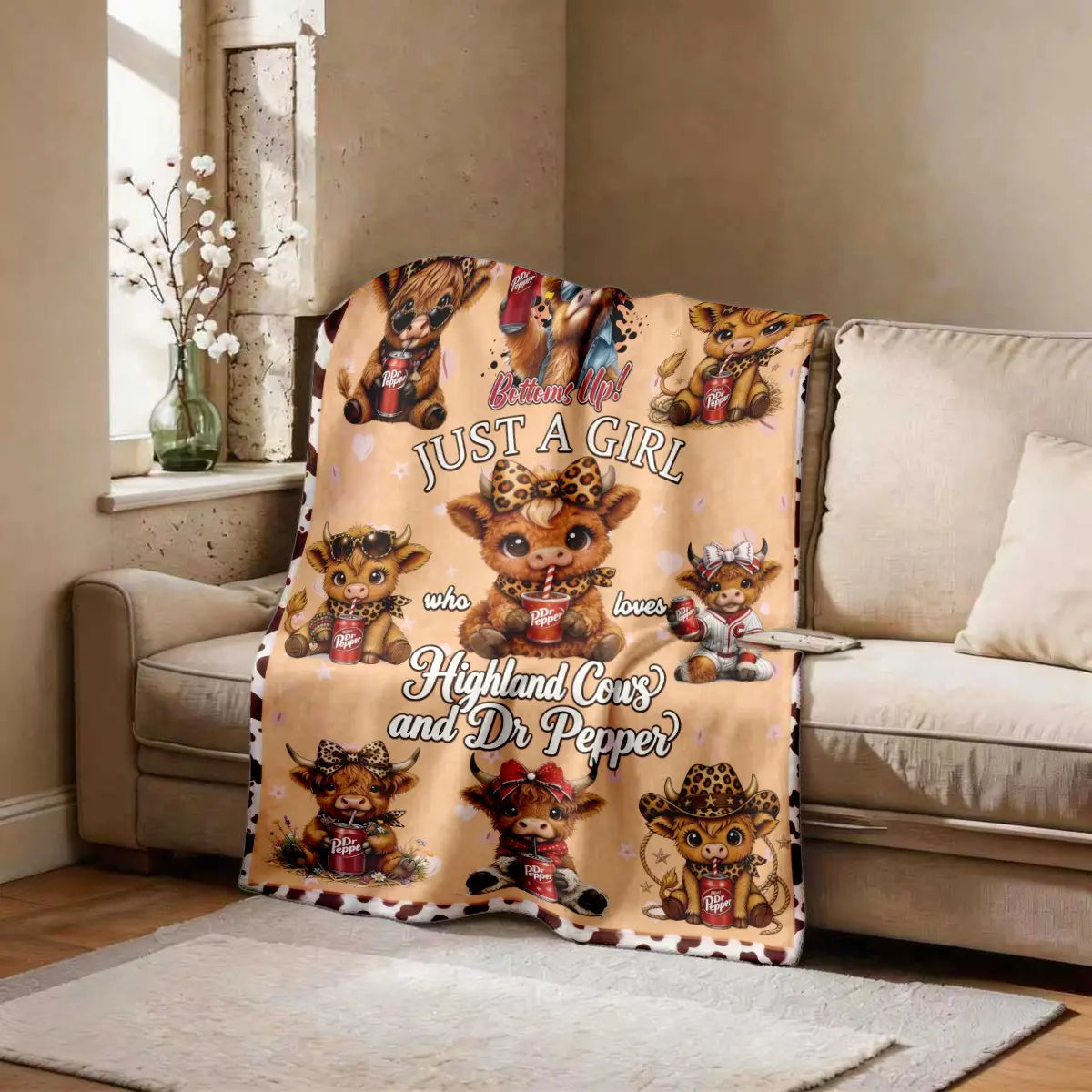 Highland Cow & Dr Pepper Flannel Blanket, Funny Graphic Throw Blanket, Soft Cozy Blanket, Large Size, Soft and Lightweight, Perfect for All Seasons, Ideal for Bed, Sofa, Office, Camping, Travel, Soft Throws Blanket