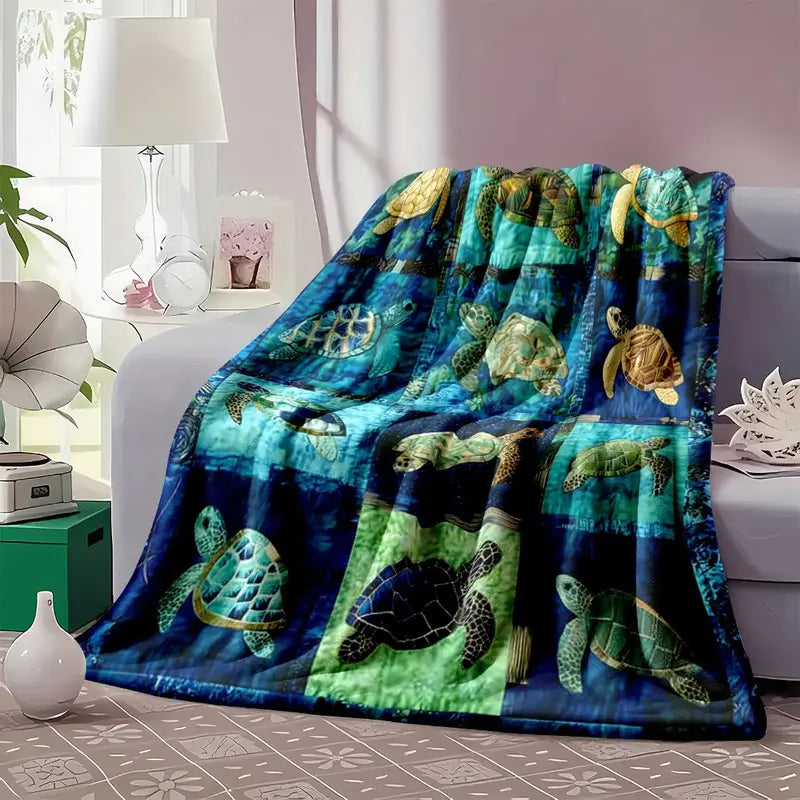 Sea Turtle Throw Blanket, Ocean Mosaic Patchwork Soft Cover, Baby Blankets and Adult Blankets, Cozy Warm Nautical Gift for Her Him, Coastal Home Decor for Couch Sofa Bed, Summer AC Nap Blanket, Perfect Birthday Holiday Christmas Gift for Ocean & Beach