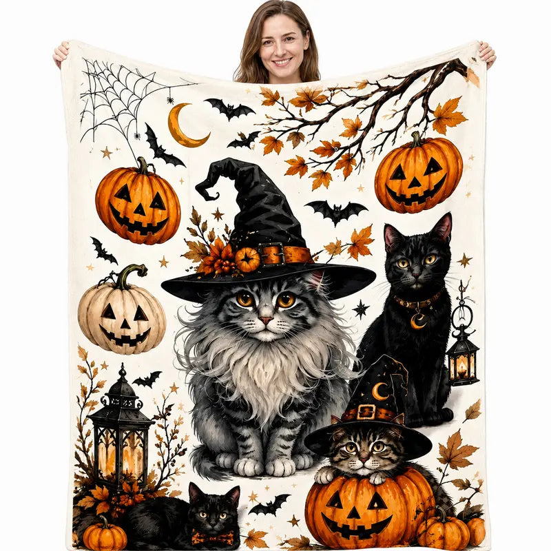 [Back to School] 60in x 80in Halloween Witch Cat Flannel Polyester Blanket - Spooky Print, Witchy Aesthetic, Black Cat, Pumpkin, Bat, Witch Hat, Autumn Leaves, Cozy, Halloween Bedding, Home & Travel, Teens' Fall Dorm Decor, Bed/Couch Use, Holiday Gift