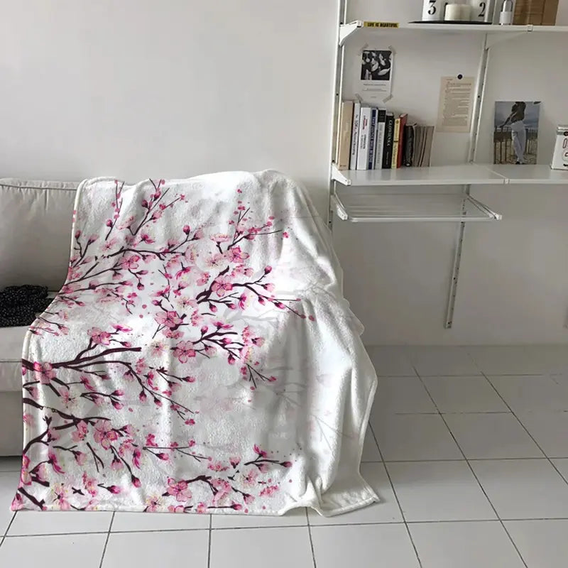 Cherry Blossom Pink Flower Flannel Throw Blanket Soft Cozy Blanket for Sofa Couch Bed Bedroom Decor Christmas Gift