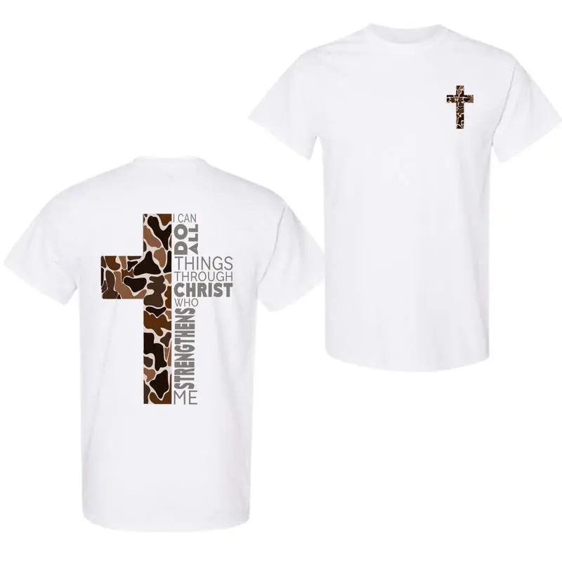 Men's Classic Christian Graphic Tshirt - 100% Soft Cotton Crew Neck Shortsleeve Casual Customized Top, Camo Cross & Philippians 4:13 Verse Menswear Clothing