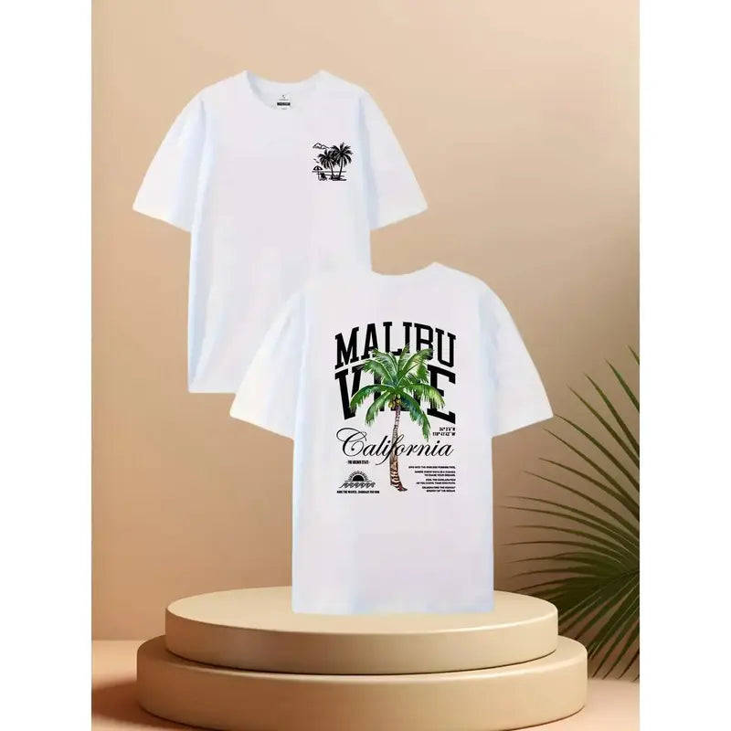 Men's Malibu California Graphic T-Shirt - 100% Cotton Short-Sleeve Round Neck Loose Stretch Knit, Double-Sided Print Casual Athleisure Tee, Ideal for Casual & Gym Use, Good Graphic Shirts for Gifting