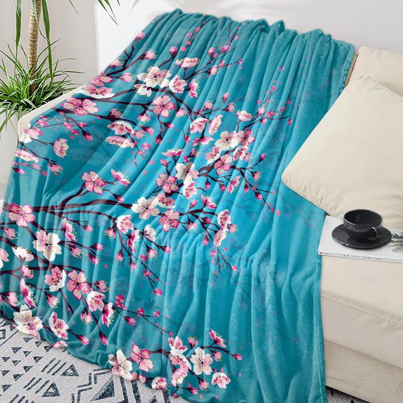 Cherry Blossom Pink Flower Flannel Throw Blanket Soft Cozy Blanket for Sofa Couch Bed Bedroom Decor Christmas Gift