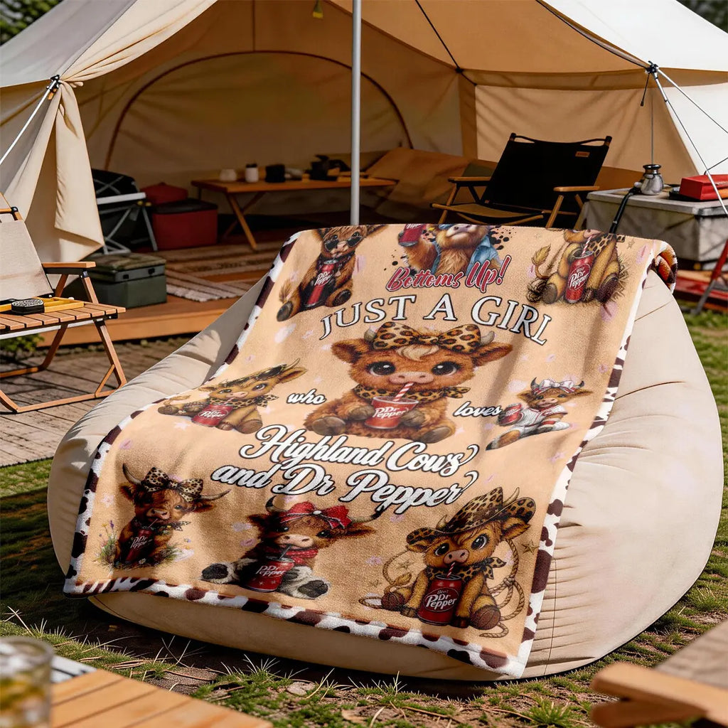 Highland Cow & Dr Pepper Flannel Blanket, Funny Graphic Throw Blanket, Soft Cozy Blanket, Large Size, Soft and Lightweight, Perfect for All Seasons, Ideal for Bed, Sofa, Office, Camping, Travel, Soft Throws Blanket