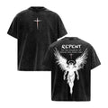 Men's Cotton Retro Rib Round Neck Short-Sleeve T-Shirt - Repent Vintage Washed Oversized Christian Top, Angel Wings Faith Print Distressed Streetwear Tee, Graphic