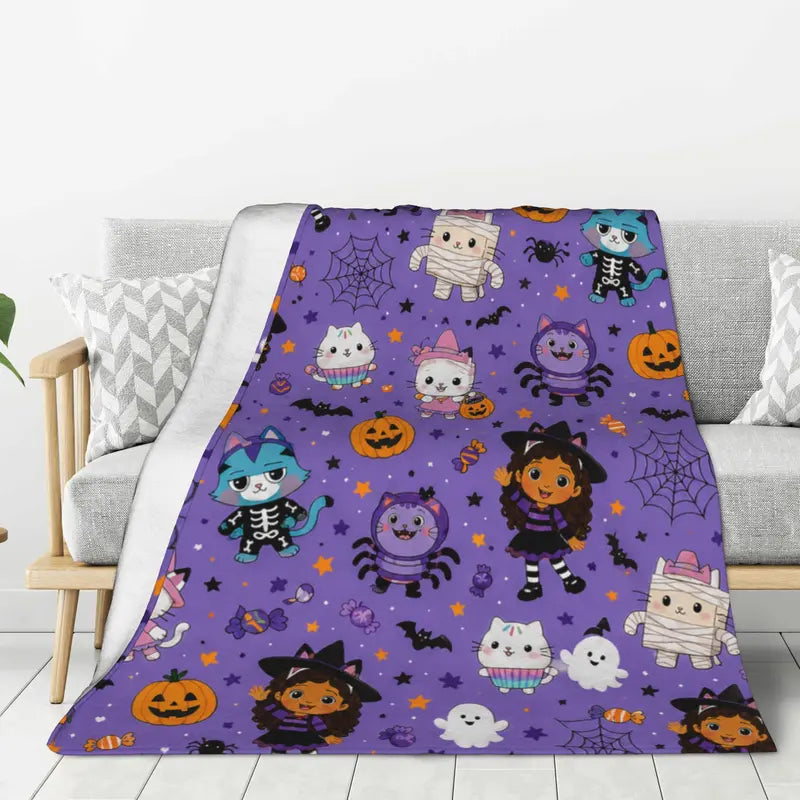 Gabby's Dollhouse Cartoon Fleece Blanket, Pink Background with Rainbow, Cats and Dolls, Soft Cozy Throw for Kids Bedroom, Sofa, Air Conditioned Room, Travel, Gifts, Flannel Blankets