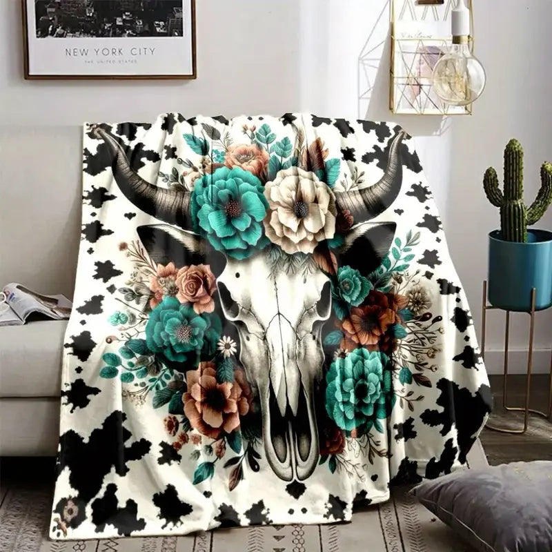Western Bull Skull Floral Flannel Cow Print Throw Blanket - Soft Cozy Polyester, Blanket for Couch, Home Decor Accent, Living Room & Cabin Decor Addition
