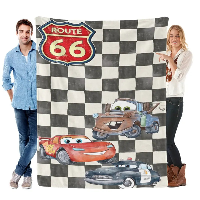 Disney Pixar Cars Route 66 Checkered Flag Lightning McQueen Mater & Sheriff Christmas Present & Holiday Gift Fleece Throw Blanket