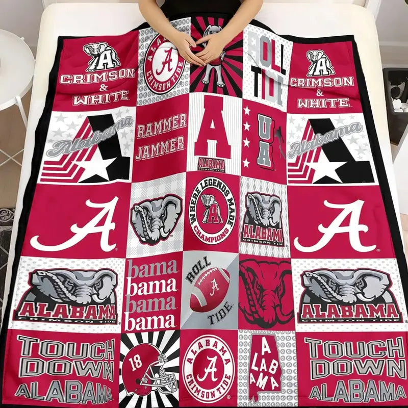 Alabama Crimson Tide Patchwork College Logo Blanket - High-Weight Flannel Fabric, Soft & Warm, No-Crease, Machine Washable Bedding, Blanket Gift, Ideal for Football Fans, No-Crease Blankets