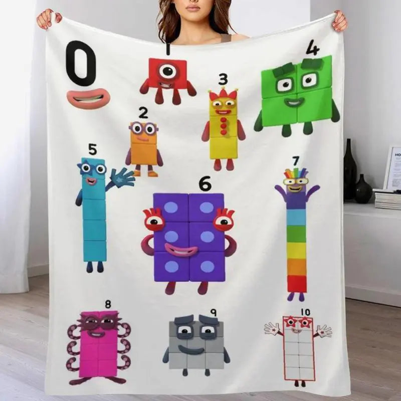 Colorful Cartoon Number Blocks Flannel Throw Blanket - Soft, Cozy, and Playful Design with Numbered Characters, Perfect for Home Decor and Casual Use, Allseason Comfort | Vibrant Throw