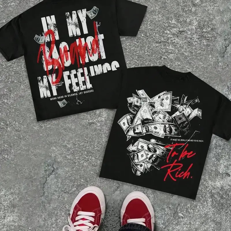 Men's Oversized Black Graphic T-Shirt, Casual Customized Y2K Streetwear Tee with Hustle Money Print, Bold Statement 'To Be Rich' Top for Hip-Hop Night Out, Graphic Tees Apparel