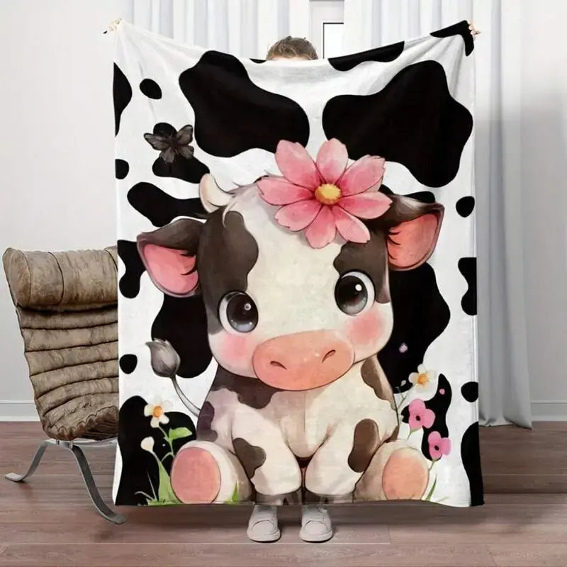 Cute Cartoon and Highland Cow Printed Fleece Blanket - Warm, Lightweight, Breathable, Comfortable, Versatile, All-Season, Machine-Washable Bedding Throw for Home Bedrooms with a Modern Touch,summervibes