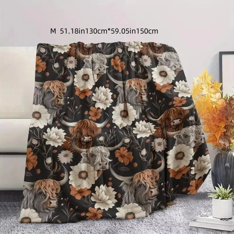 Floral & Cattle Print Throw Blanket, Cow Print Blanket, Soft Warm Napping Blanket, Air-conditioned Room Blanket, Bedroom Accessories, Home Office Travel Blanket