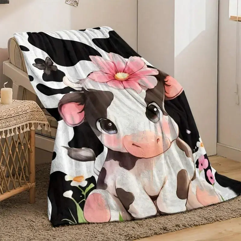 Cute Cartoon and Highland Cow Printed Fleece Blanket - Warm, Lightweight, Breathable, Comfortable, Versatile, All-Season, Machine-Washable Bedding Throw for Home Bedrooms with a Modern Touch,summervibes