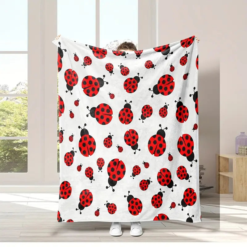Retro Ladybug Print Polyester Flannel Blanket - Soft, Comfortable, Lightweight, Anti-Pilling, Breathable, 2-Sided All-Season Animal Style, Vivid Ladybug Art, Colorful Cartoon Bug-Themed, White with Red & Black Pattern for Sofa Napping, Home Gift