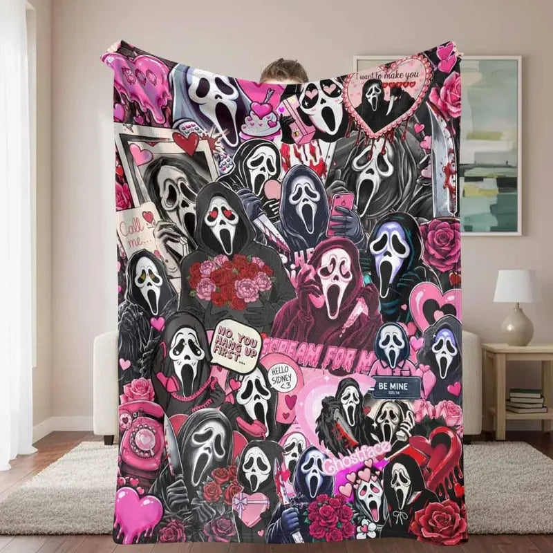 Valentine Ghost Motif Flannel Throw Blanket - Romantic Horror Art Print, Breathable Soft, Wrinkle-Resistant, Anti-Pilling, Lightweight, Machine Washable, Durable Decorative Sofa Blanket, Multi-Size Home/Sofa Accessory, Cozy Gift for Horror-Romance Lovers