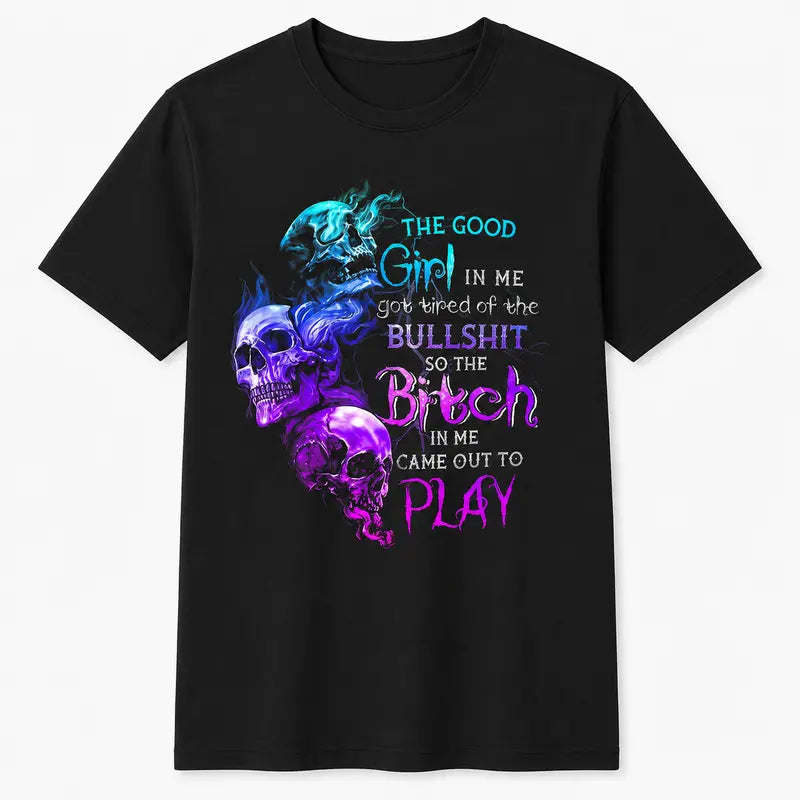Men's 100% Cotton Round Neck Short-Sleeve Skull Rose Print T-Shirt - Customized "The Good Girl In Me Got Tired Of The Bullshit" Graphic Top, Grunge Menswear, Casual, Machine Washable, Do Not Bleach, Normal Type, 2XL, 3XL, 5XL, All Seasons